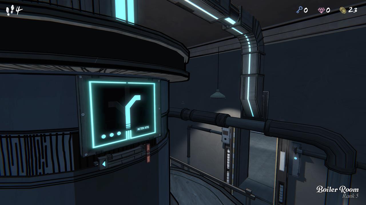 GameSpot screenshot of the Boiler Room with an ACTIVATE control panel, boiler machinery, and a glowing light-blue ceiling duct.