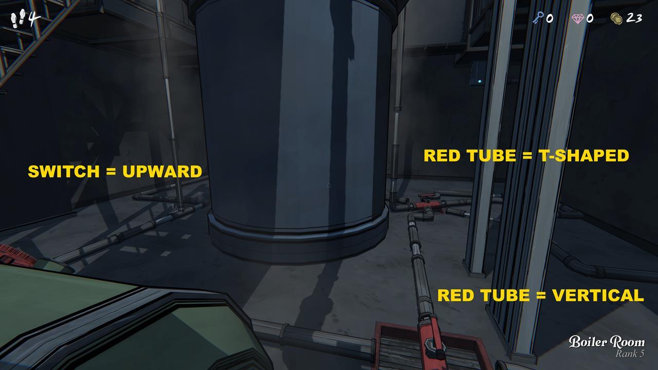 Annotated GameSpot screenshot of the lower Boiler Room with a large tank, red T-shaped and vertical tubes, and an upward switch.