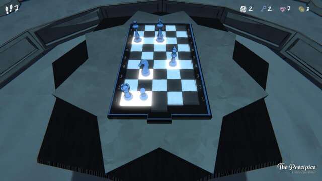 Blue Prince Precipice chessboard with six pieces placed and several board squares glowing white.