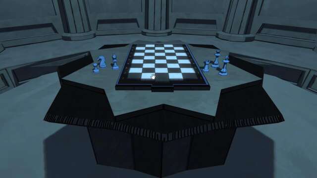 Blue Prince Precipice chamber with a five-by-nine chessboard and six chess pieces beside the board.